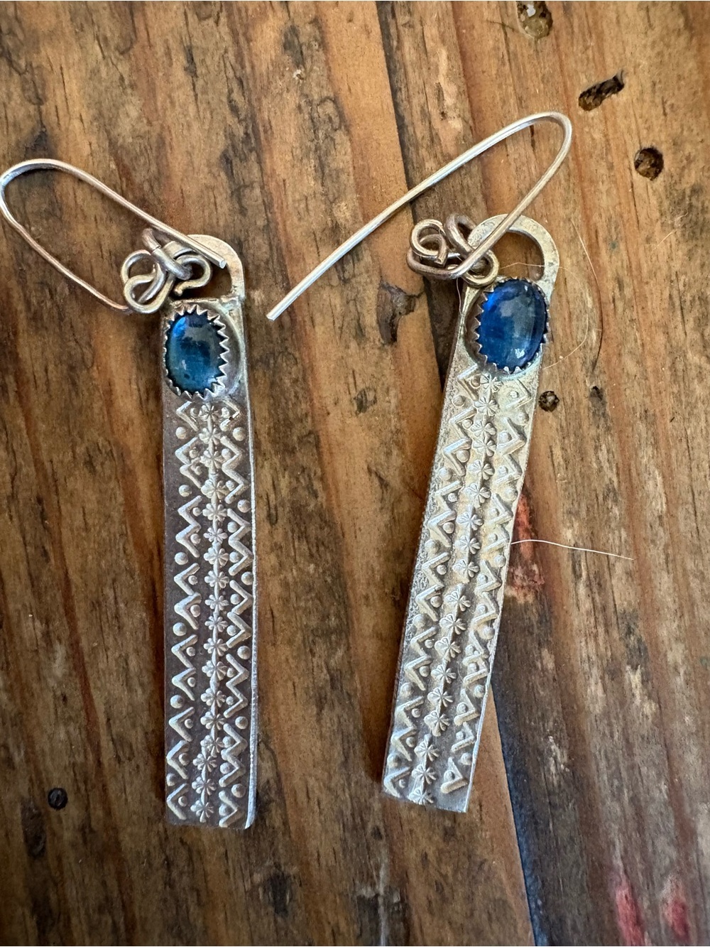 Handmade Artisan Sterling Silver Blue Stone Etched Drop Earrings